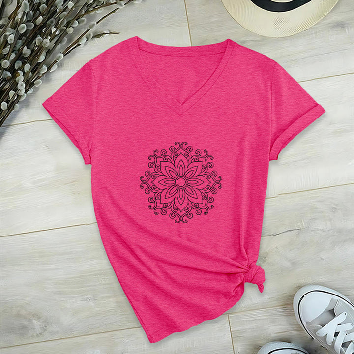 T-shirt de yoga et de méditation Olivenorma Mandala Force intérieure à col en V en coton - Rose rouge - 2XL - image 25