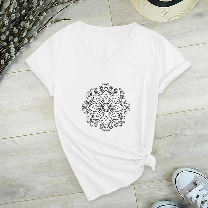 T-shirt de yoga et de méditation Olivenorma Mandala Force intérieure à col en V en coton - Blanc - 2XL - image 3