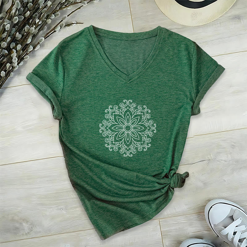 T-shirt de yoga et de méditation Olivenorma Mandala Force intérieure à col en V en coton - Vert foncé - 2XL - image 17