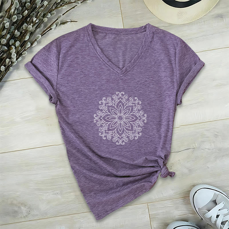 T-shirt de yoga et de méditation Olivenorma Mandala Force intérieure à col en V - Violet - 2XL - image 7