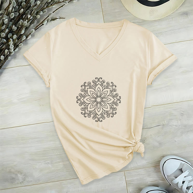 T-shirt de yoga et de méditation Olivenorma Mandala Force intérieure à col en V en coton - Kaki - 2XL - image 15