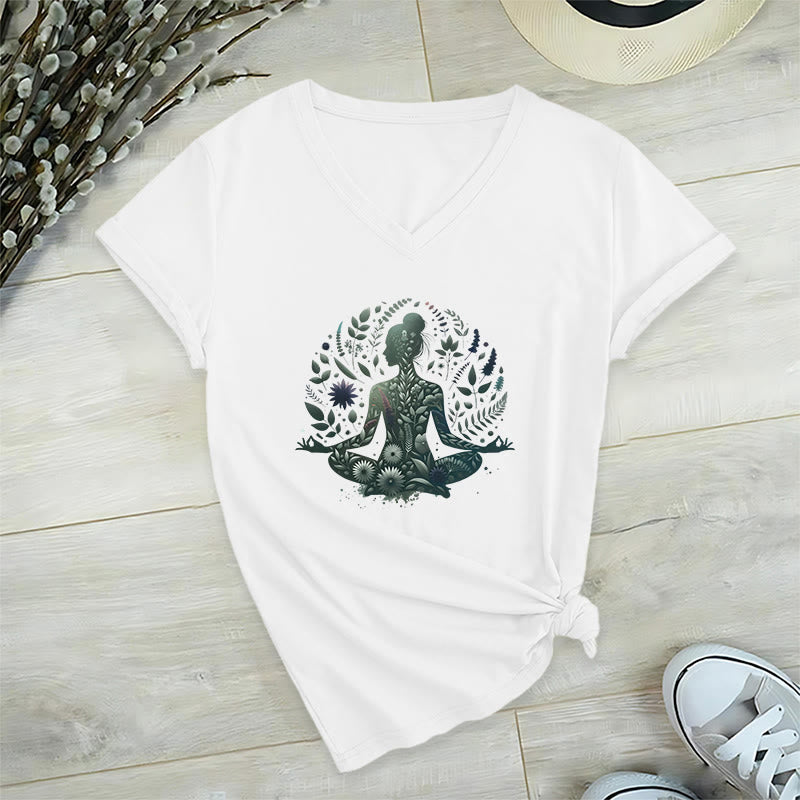 T-shirt de yoga et de méditation Olivenorma à col en V, inspiré par la nature et la pleine conscience - Blanc - 2XL - image 0
