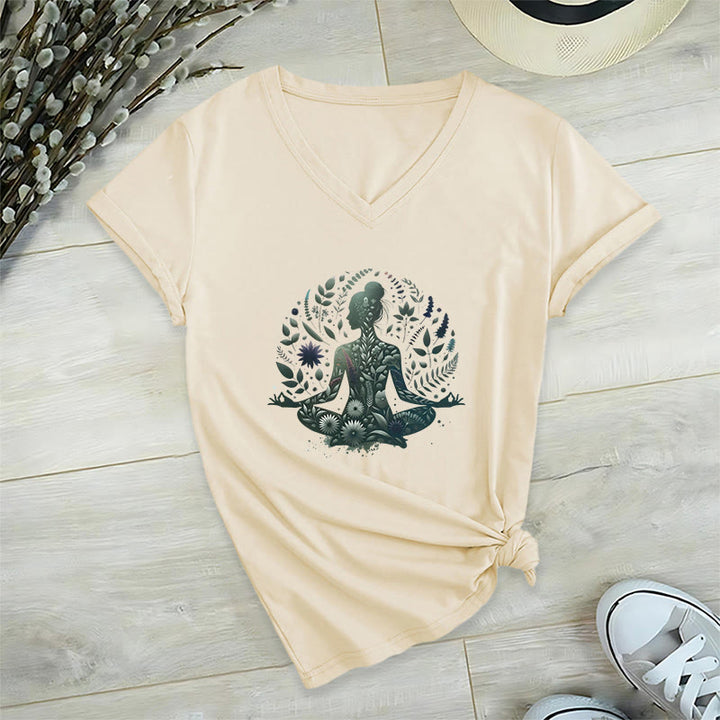 T-shirt de yoga et de méditation Olivenorma à col en V, inspiré par la nature et la pleine conscience - Kaki - 2XL - image 15
