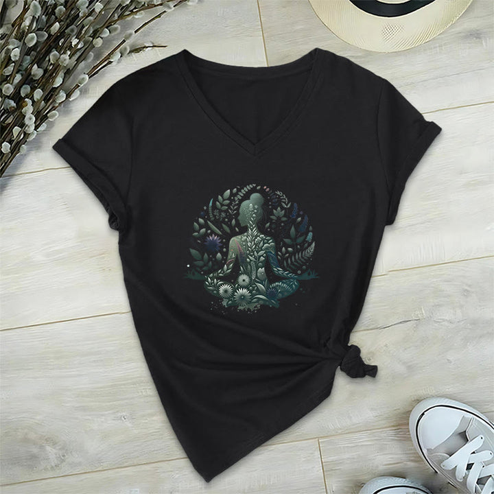 T-shirt de yoga et de méditation Olivenorma à col en V, inspiré par la nature et la pleine conscience - Noir - 2XL - image 3