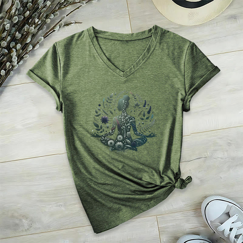 T-shirt de yoga et de méditation Olivenorma à col en V, inspiré par la nature et la pleine conscience - Vert olive - 2XL - image 19