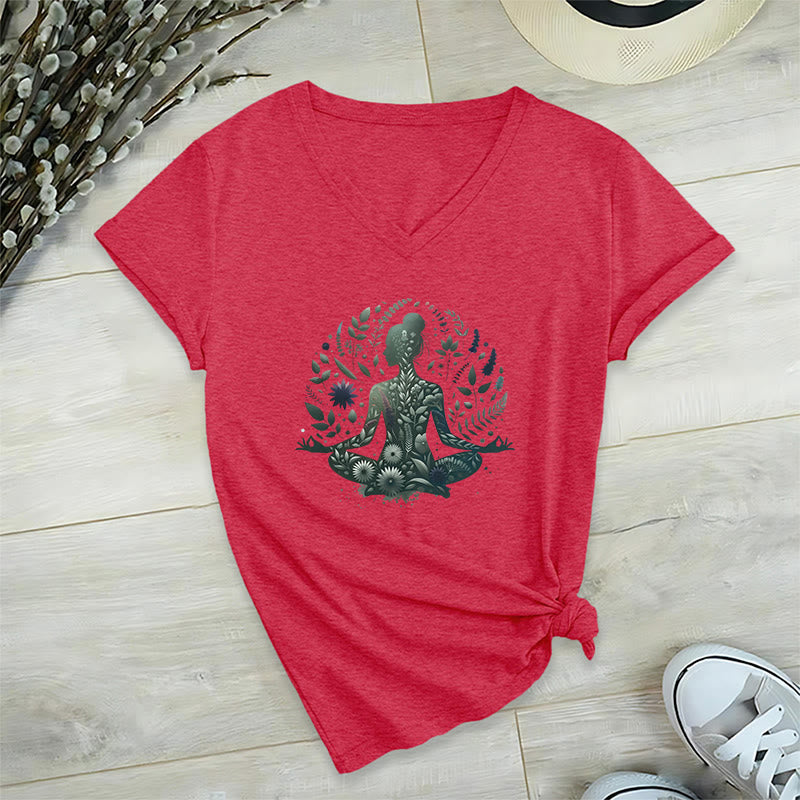 T-shirt de yoga et de méditation Olivenorma à col en V, inspiré par la nature et la pleine conscience - Rouge - 2XL - image 21