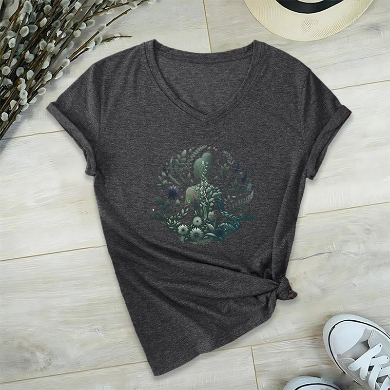 T-shirt de yoga et de méditation Olivenorma à col en V, inspiré par la nature et la pleine conscience - Gris - 2XL - image 5