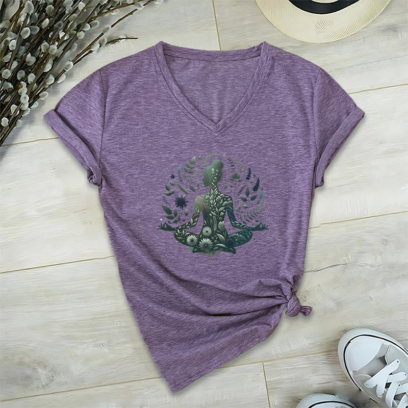 T-shirt de yoga et de méditation Olivenorma à col en V, inspiré par la nature et la pleine conscience - Violet - 2XL - image 7