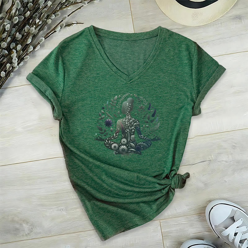 T-shirt de yoga et de méditation Olivenorma à col en V, inspiré par la nature et la pleine conscience - Vert foncé - 2XL - image 17