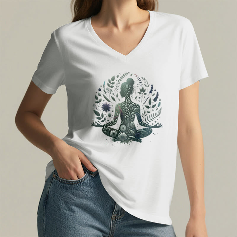 T-shirt de yoga et de méditation Olivenorma à col en V, inspiré par la nature et la pleine conscience - image 1
