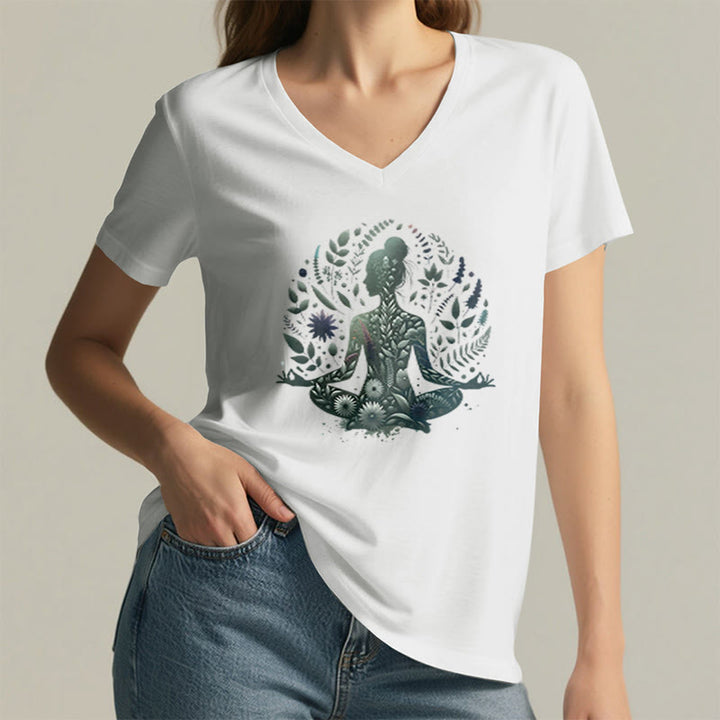 T-shirt de yoga et de méditation Olivenorma à col en V, inspiré par la nature et la pleine conscience - image 1