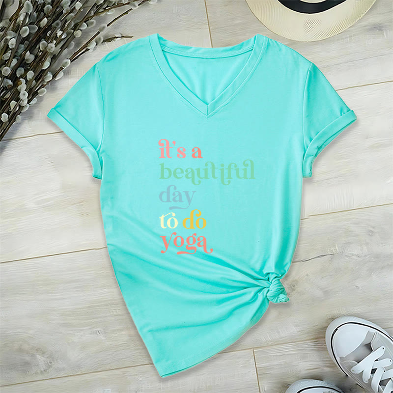 T-shirt col V Olivenorma« C'est une belle journée pour faire du yoga » - Lac Bleu - 2XL - image 13