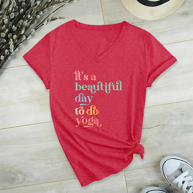 T-shirt col V Olivenorma« C'est une belle journée pour faire du yoga » - Rouge - 2XL - image 21