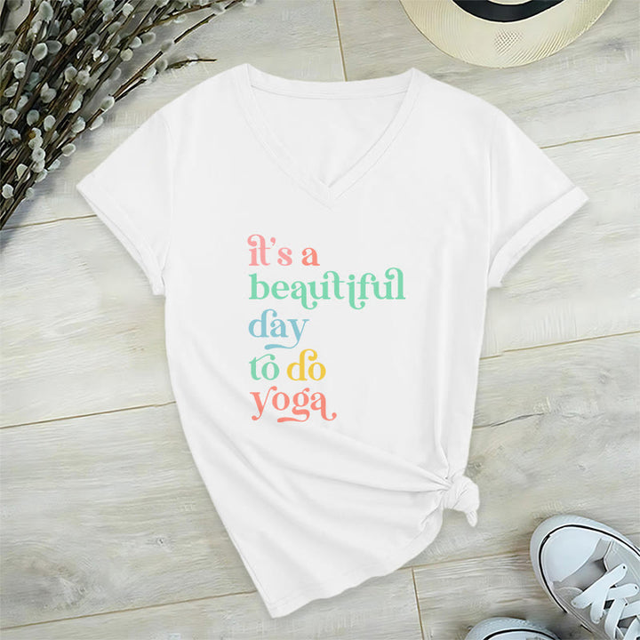 T-shirt col V Olivenorma« C'est une belle journée pour faire du yoga » - Blanc - 2XL - image 3