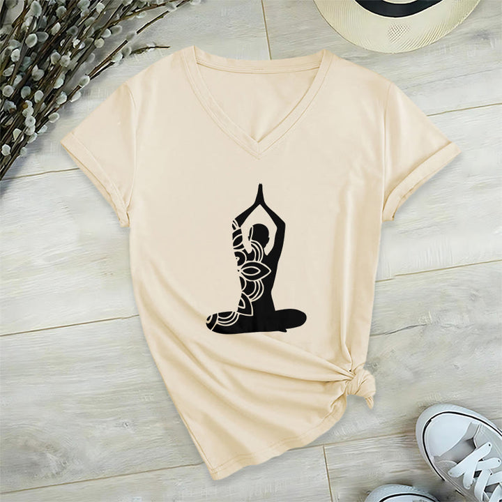 T-shirt de méditation Olivenorma Yoga Pose Mindful Energy à col en V - Kaki - 2XL - image 0