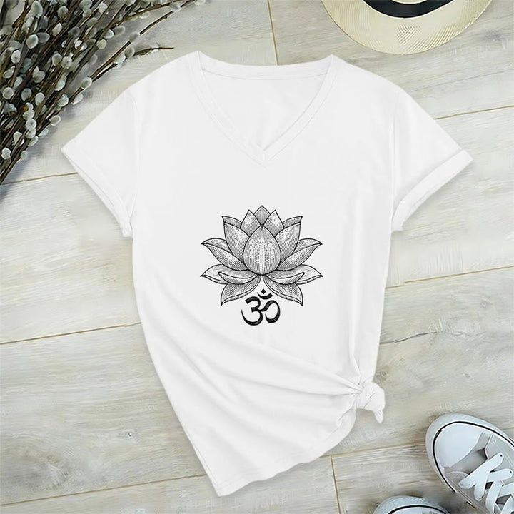 T-shirt de yoga et de méditation Olivenorma Lotus Mindful Power à col en V en coton - Blanc - 2XL - image 0