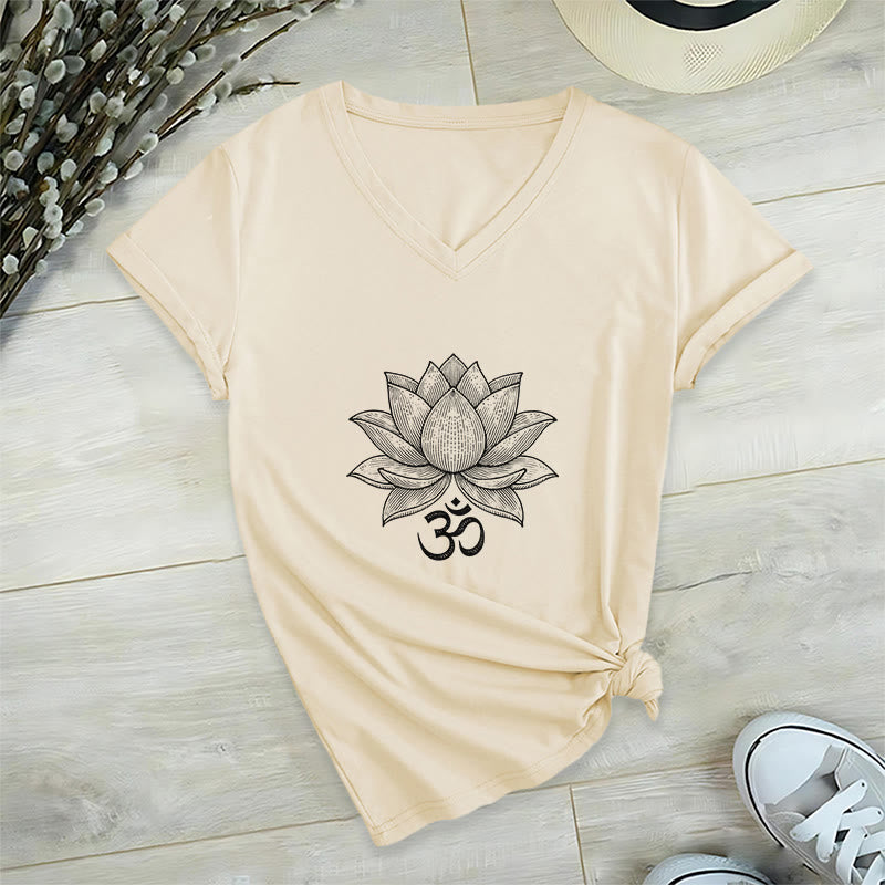 T-shirt de yoga et de méditation Olivenorma Lotus Mindful Power à col en V en coton - Kaki - 2XL - image 15