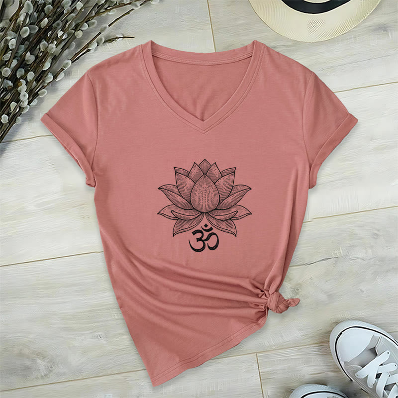 T-shirt de yoga et de méditation Olivenorma Lotus Mindful Power à col en V en coton - Rose - 2XL - image 9