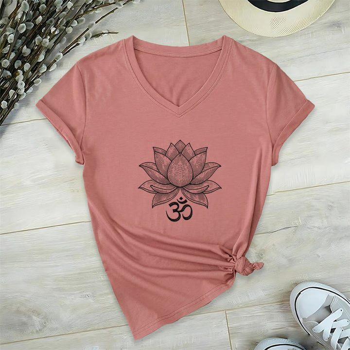T-shirt de yoga et de méditation Olivenorma Lotus Mindful Power à col en V en coton - Rose - 2XL - image 9