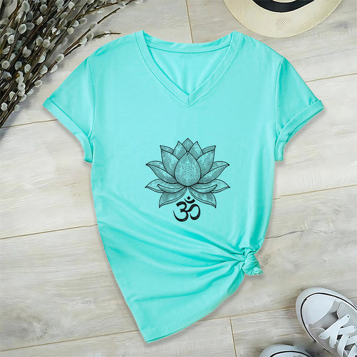T-shirt de yoga et de méditation Olivenorma Lotus Mindful Power à col en V en coton - Lac Bleu - 2XL - image 13