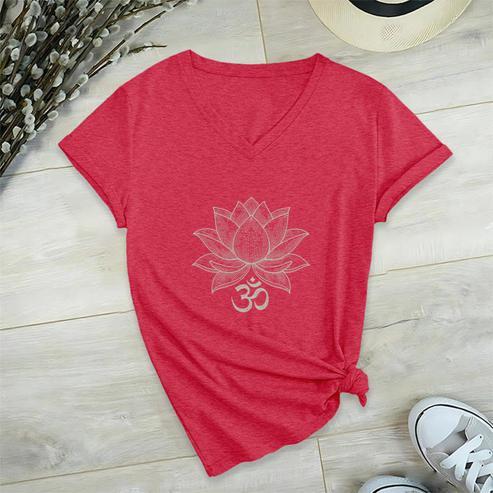 T-shirt de yoga et de méditation Olivenorma Lotus Mindful Power à col en V en coton - Rouge - 2XL - image 21