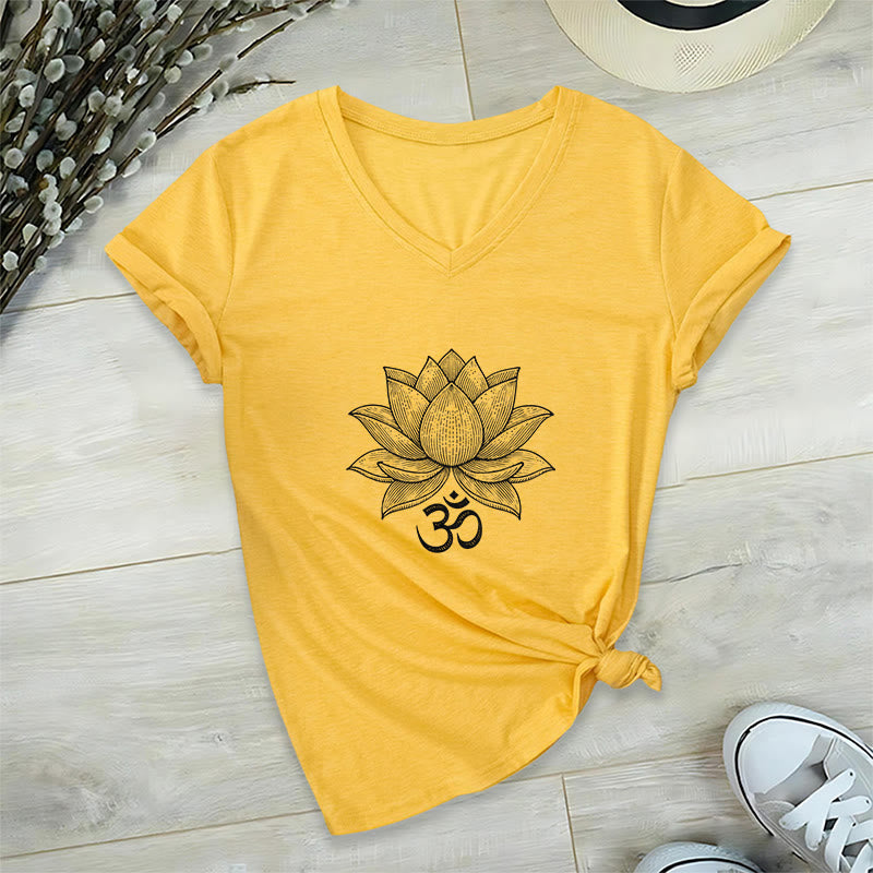 T-shirt de yoga et de méditation Olivenorma Lotus Mindful Power à col en V en coton - Jaune - 2XL - image 23