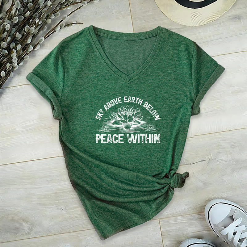 T-shirt Olivenorma Peace Within Symbol à col en V en coton pour yoga et méditation - Vert foncé - 2XL - image 19