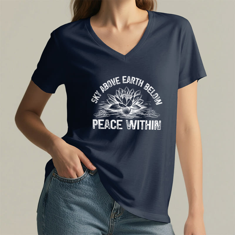 T-shirt Olivenorma Peace Within Symbol à col en V en coton pour yoga et méditation - image 14