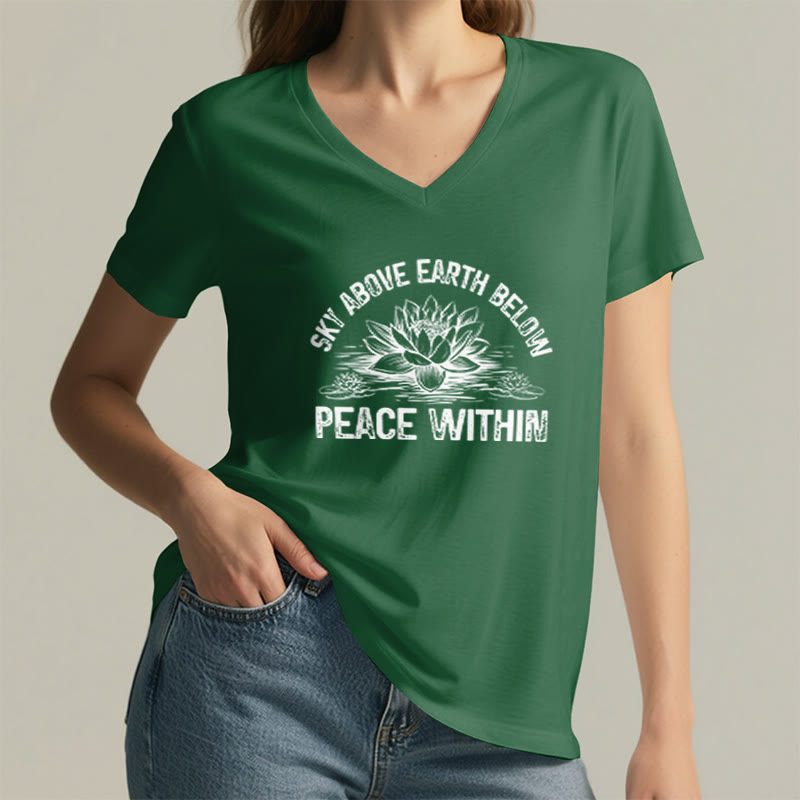 T-shirt Olivenorma Peace Within Symbol à col en V en coton pour yoga et méditation - image 20
