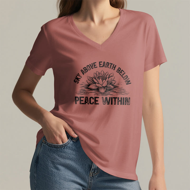 T-shirt Olivenorma Peace Within Symbol à col en V en coton pour yoga et méditation - image 12