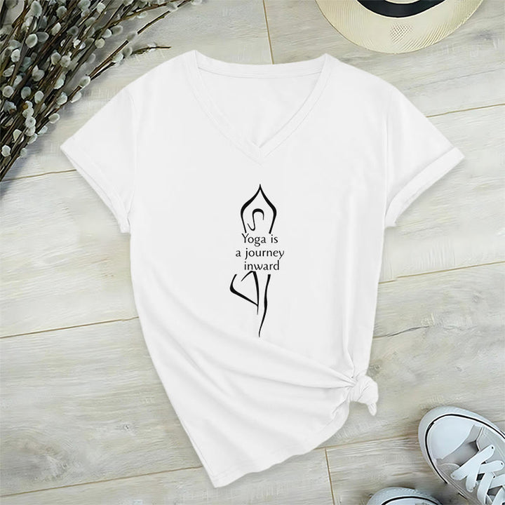 T-shirt de méditation à col en V Olivenorma « Le yoga est un voyage intérieur » - Blanc - 2XL - image 3