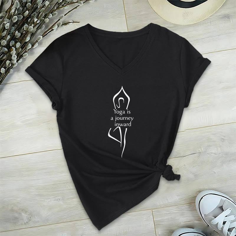 T-shirt de méditation à col en V Olivenorma « Le yoga est un voyage intérieur » - Noir - 2XL - image 5
