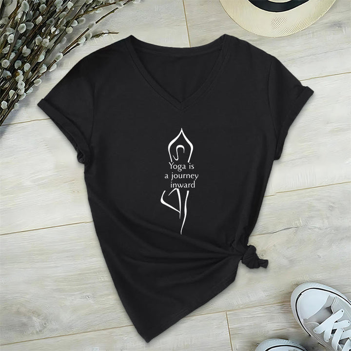 T-shirt de méditation à col en V Olivenorma « Le yoga est un voyage intérieur » - Noir - 2XL - image 5