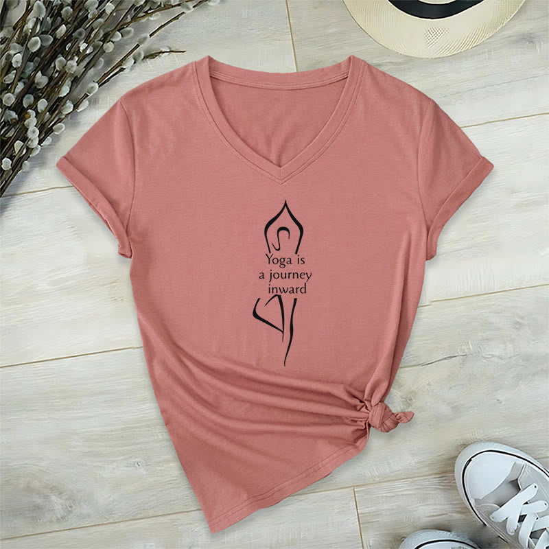 T-shirt de méditation à col en V Olivenorma « Le yoga est un voyage intérieur » - Rose - 2XL - image 11