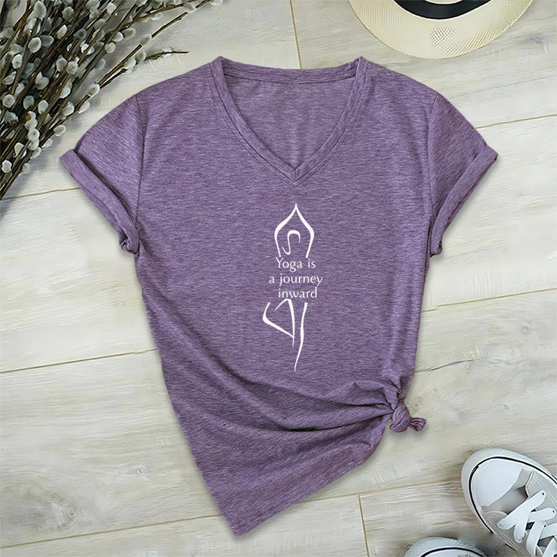 T-shirt de méditation à col en V Olivenorma « Le yoga est un voyage intérieur » - Violet - 2XL - image 9