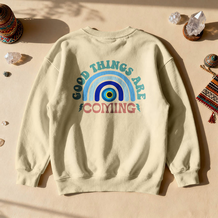Sweat-shirt Olivenorma « De bonnes choses arrivent » œil maléfique arc-en-ciel - Kaki - 2XL - image 4