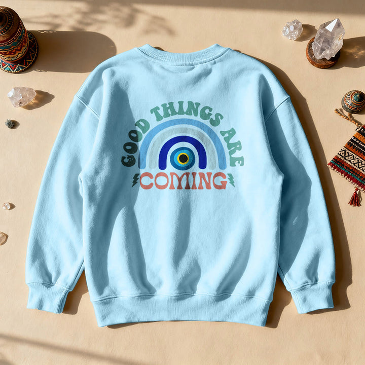 Sweat-shirt Olivenorma « De bonnes choses arrivent » œil maléfique arc-en-ciel - Bleu - 2XL - image 5