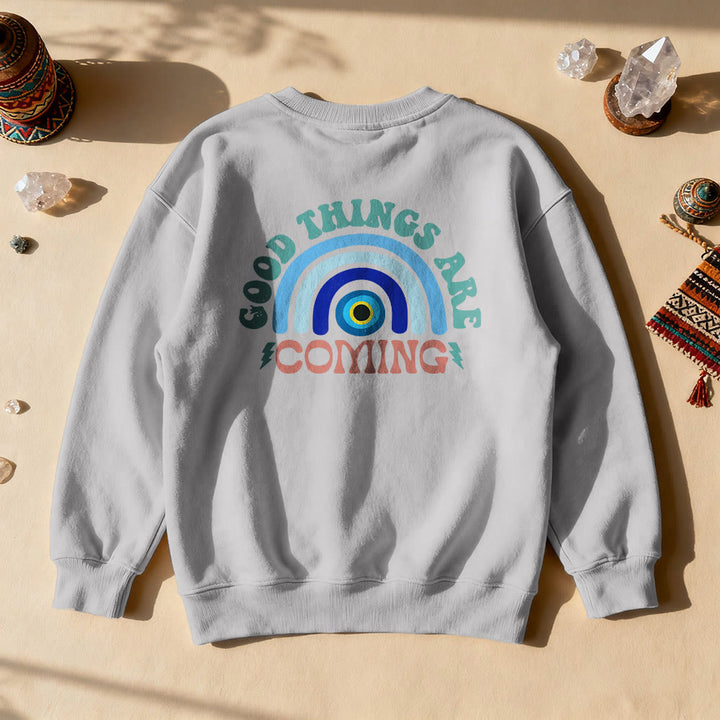Sweat-shirt Olivenorma « De bonnes choses arrivent » œil maléfique arc-en-ciel - Gris - 2XL - image 2