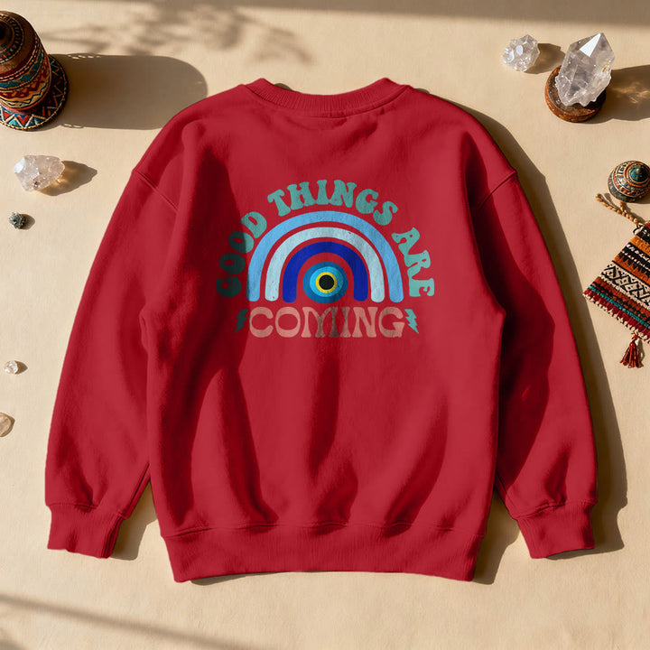 Sweat-shirt Olivenorma « De bonnes choses arrivent » œil maléfique arc-en-ciel - Rouge - 2XL - image 6