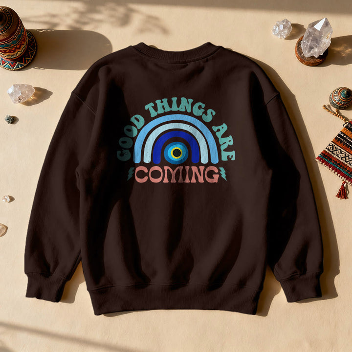 Sweat-shirt Olivenorma « De bonnes choses arrivent » œil maléfique arc-en-ciel - Brun - 2XL - image 3