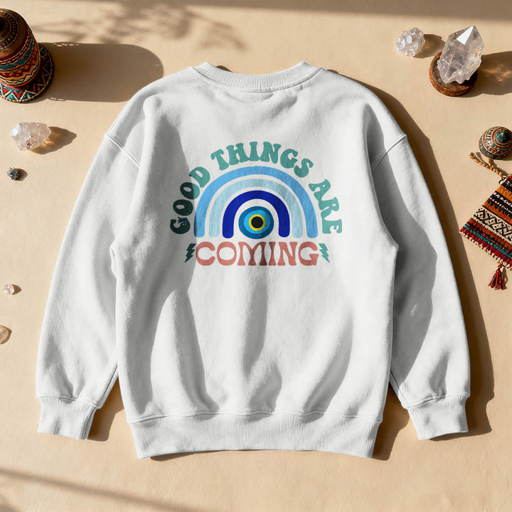 Sweat-shirt Olivenorma « De bonnes choses arrivent » œil maléfique arc-en-ciel - Blanc - 2XL - image 0