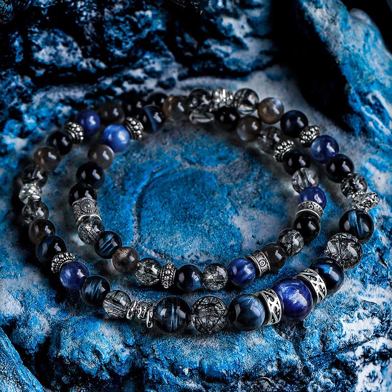 Bracelet Olivenorma en œil de tigre bleu et quartz noir, perles rutile - 17 cm - image 0