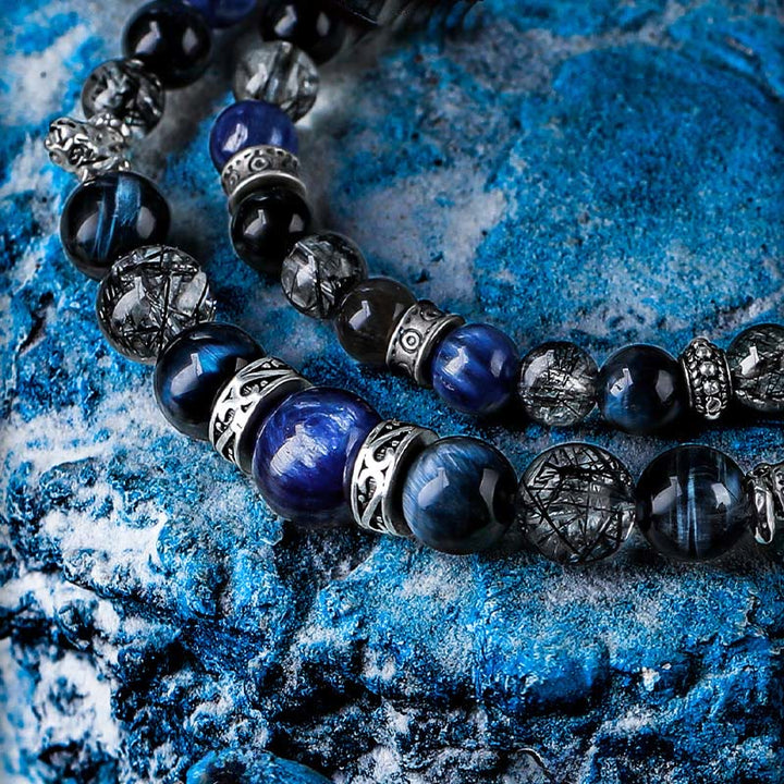 Bracelet Olivenorma en œil de tigre bleu et quartz noir, perles rutile - image 1