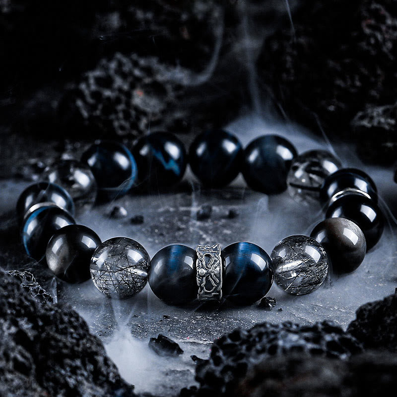 Bracelet Olivenorma en œil de tigre bleu et obsidienne argentée - 17 cm - image 0