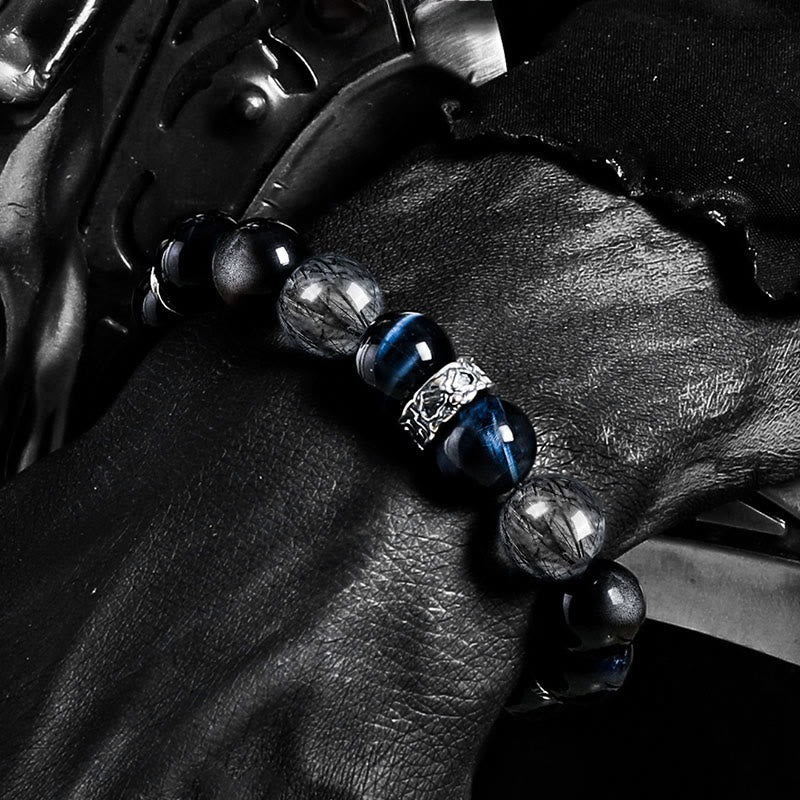 Bracelet Olivenorma en œil de tigre bleu et obsidienne argentée - image 3