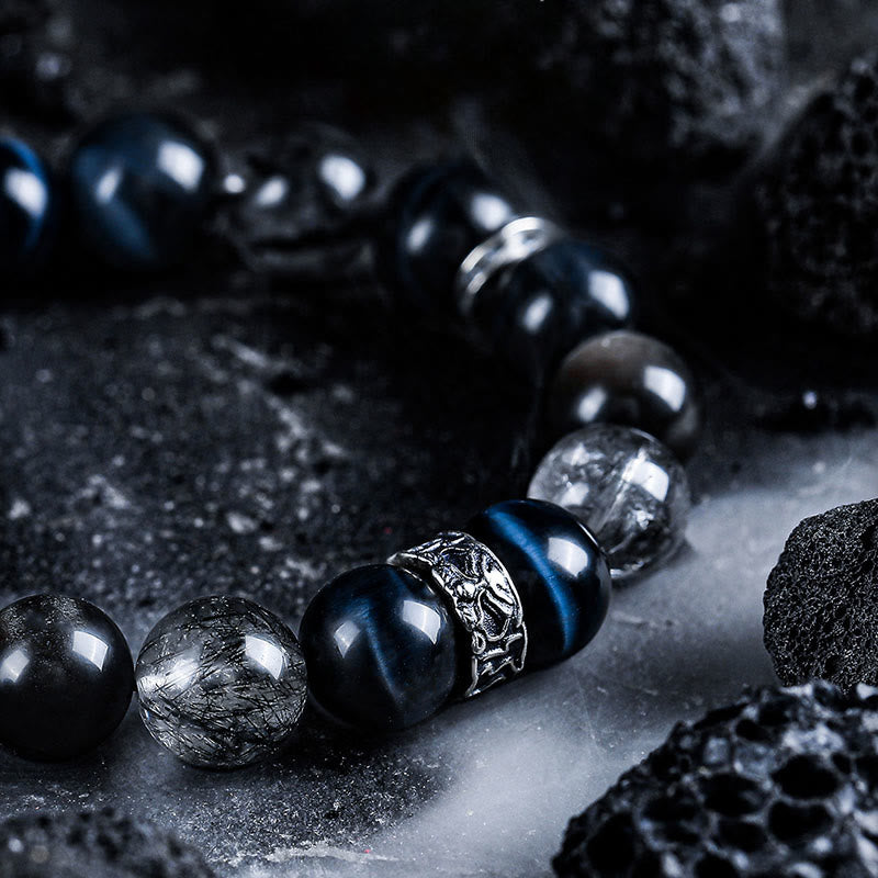 Bracelet Olivenorma en œil de tigre bleu et obsidienne argentée - image 2