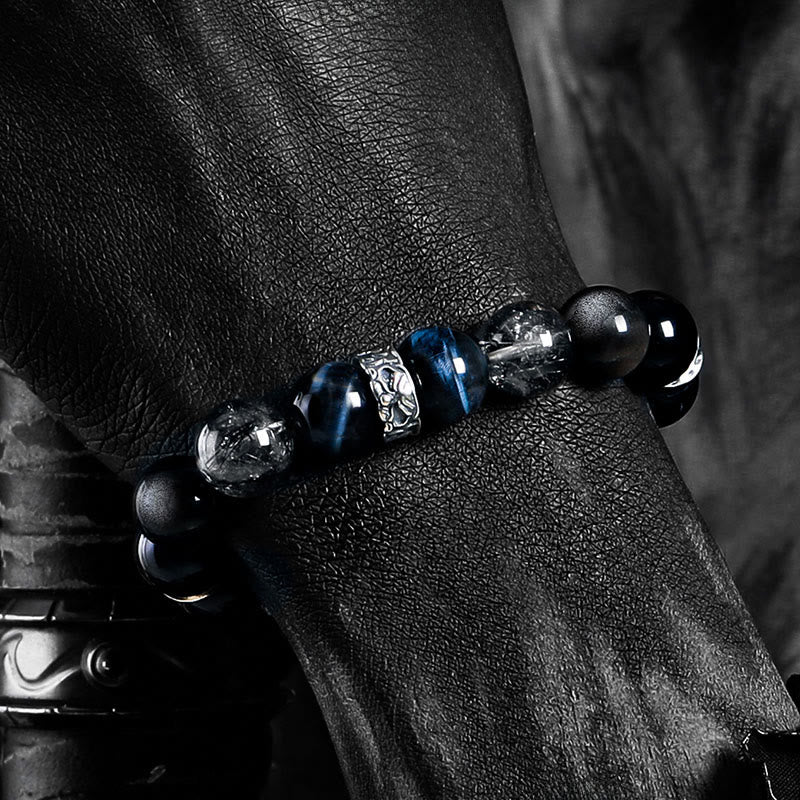 Bracelet Olivenorma en œil de tigre bleu et obsidienne argentée - image 4