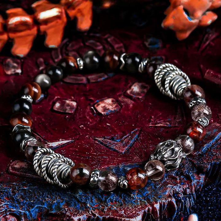 Bracelet Olivenorma en quartz fantôme rouge et obsidienne argentée - image 1