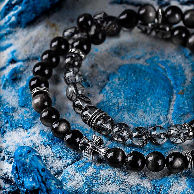 Bracelet double Olivenorma en argent, obsidienne et quartz noir rutile - image 2