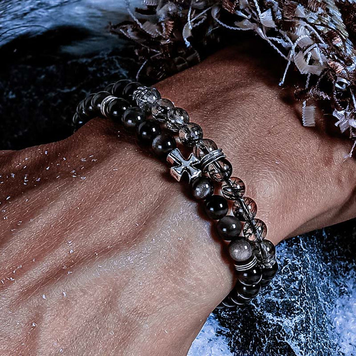 Bracelet double Olivenorma en argent, obsidienne et quartz noir rutile - image 4